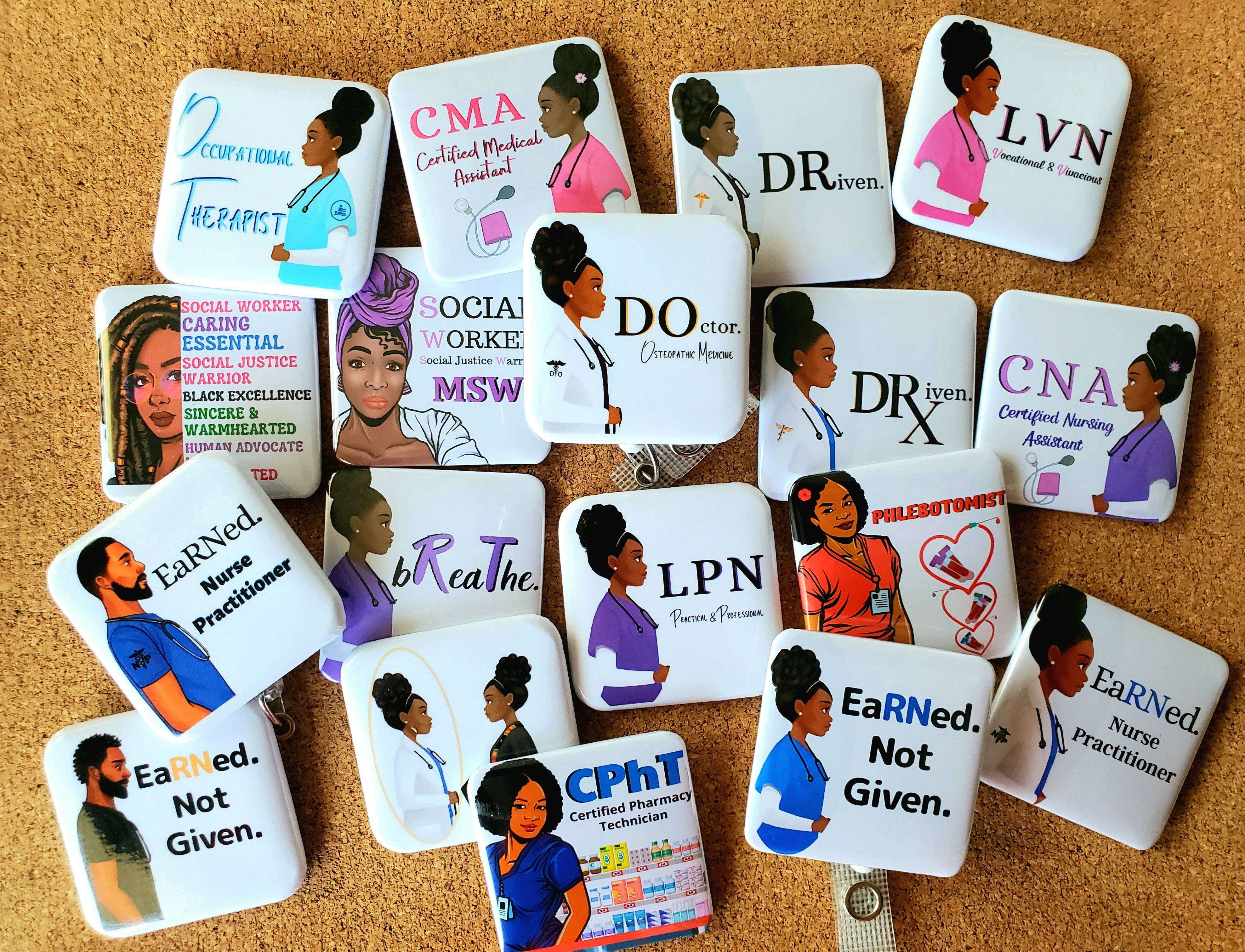 Black African American Nurse Retractable ID Badge Reel, Lanyard, or  Carabiner (16 Designs, 36 Colors) - The Badge Patch (A Crystal Garden LLC)