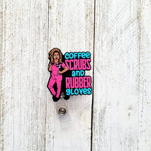 Load image into Gallery viewer, Coffee Scrubs &amp; Rubber Gloves Pink/Teal Retractable ID Badge Reel
