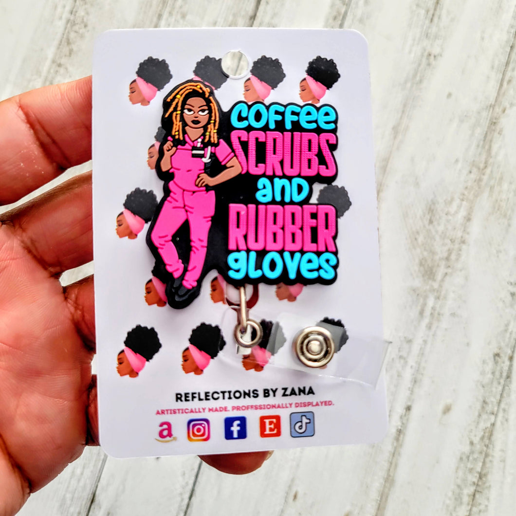 Coffee Scrubs & Rubber Gloves Pink/Teal Retractable ID Badge Reel
