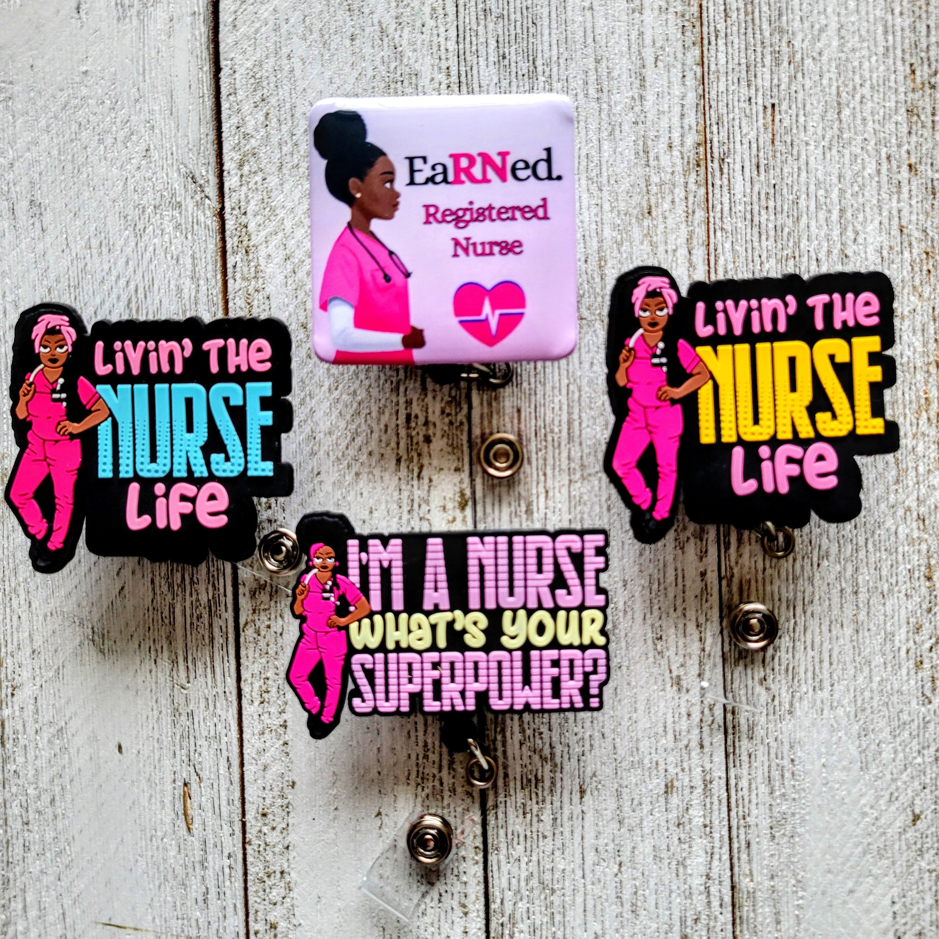 Retractable Badge Reel With Pink Flower Design (3-pack) - Nurse