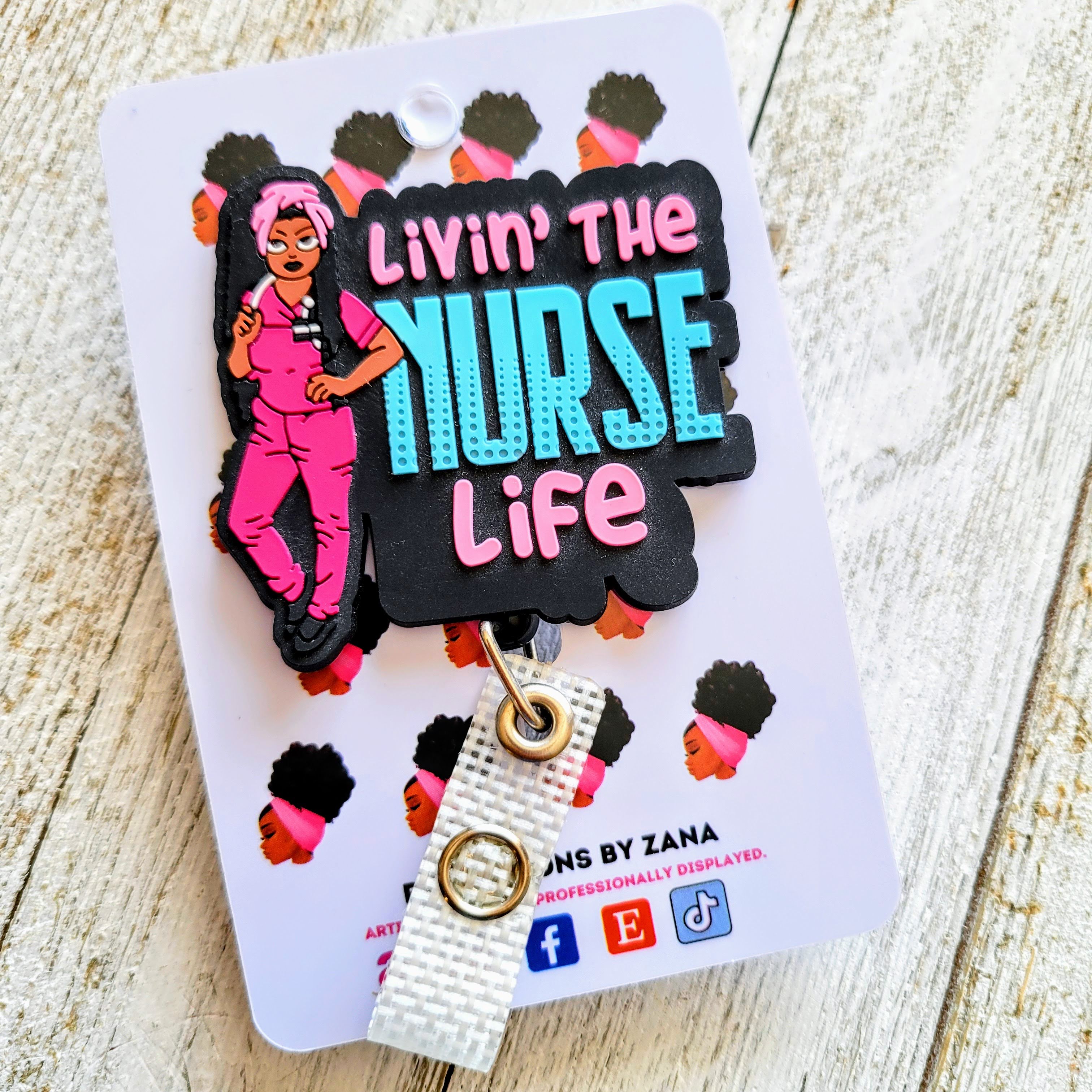 Pink and Blue Livin' The Nurse Life Badge Reel Swivel Gator