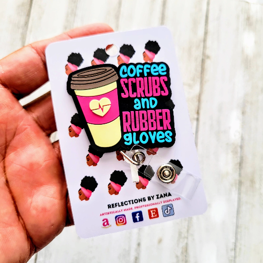 Coffee Scrubs and Rubber Gloves w/ Coffee Retractable Badge Reel