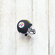 Load image into Gallery viewer, african american, reflections by zana, pittsburgh, helmets, badge reel, pittsburgh-themed badge holder, steel city badge reel, steelers-inspired badge accessory, pittsburgh football helmet design, pittsburgh sports fan gear, badge holder for steelers fans, pittsburgh pride, nfl badge reel, pittsburgh-themed work accessory, helmet-shaped badge holder, pittsburgh sports merchandise, steelers office accessory, black and gold badge reel, pittsburgh football fan gear, unique badge reel design
