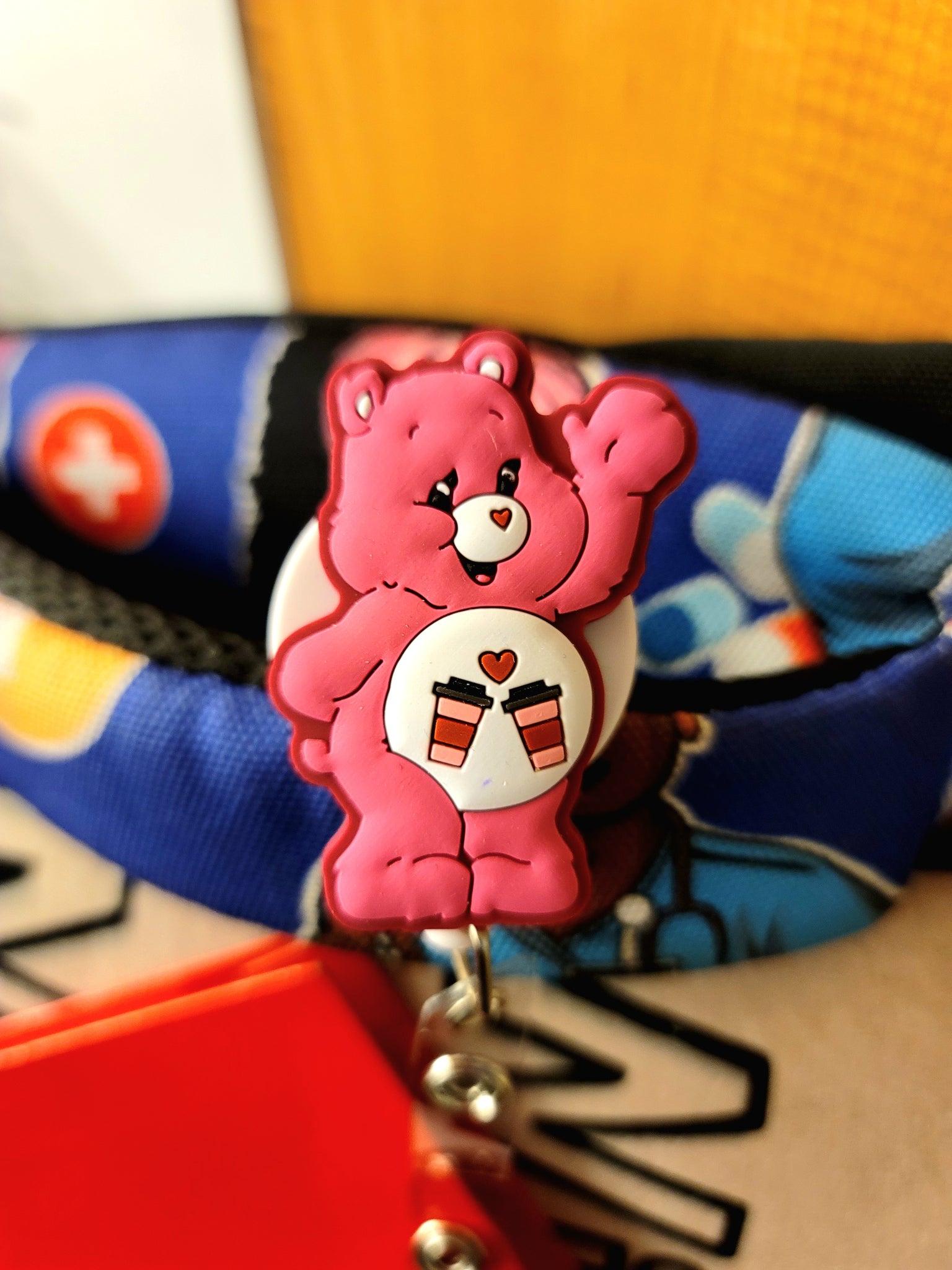 Pink Coffee Lovin' Healthcare Bear ID Badge Reel Unique Badge