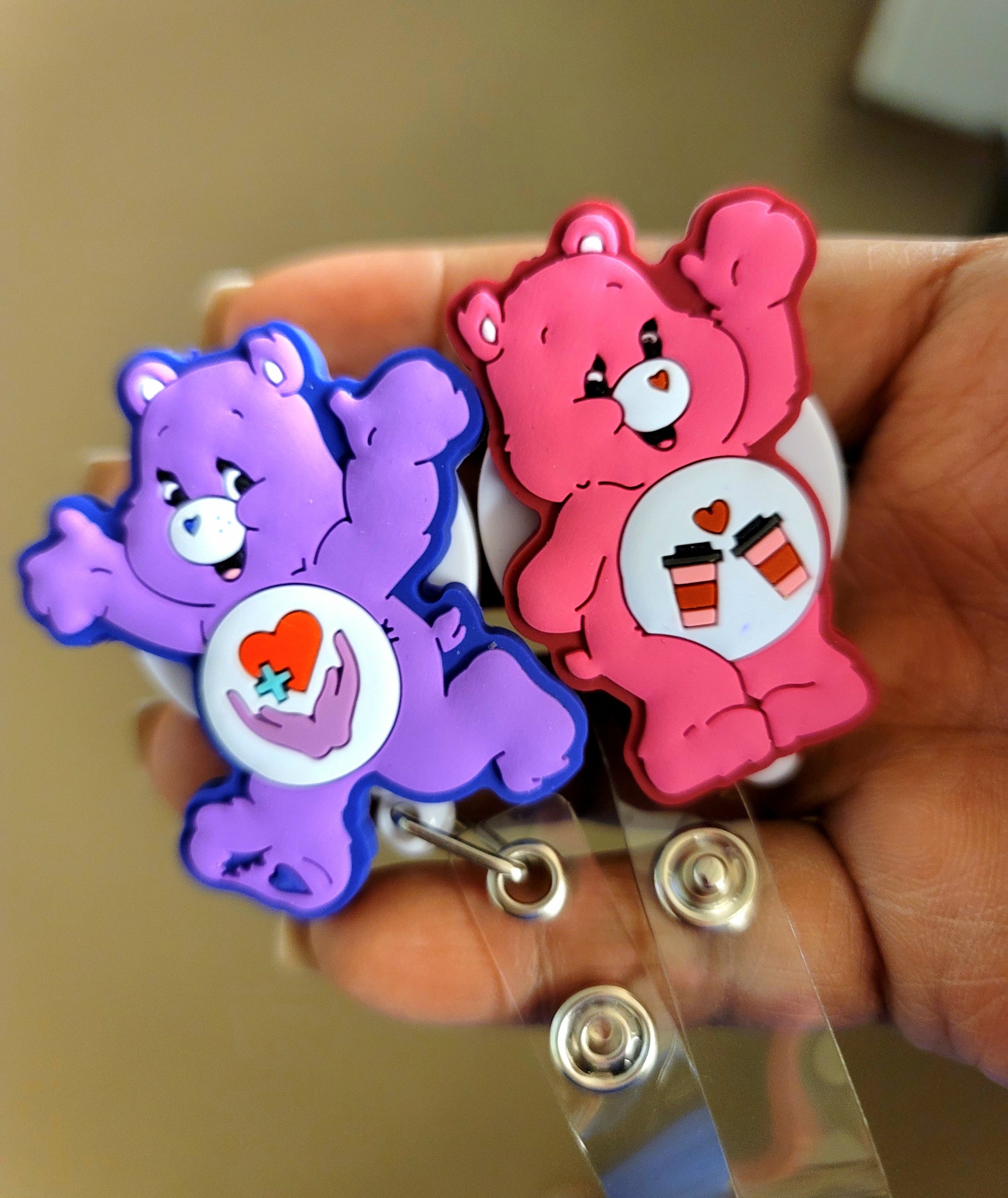 Pink Coffee Lovin' Healthcare Bear ID Badge Reel Unique Badge Design Swivel Clip