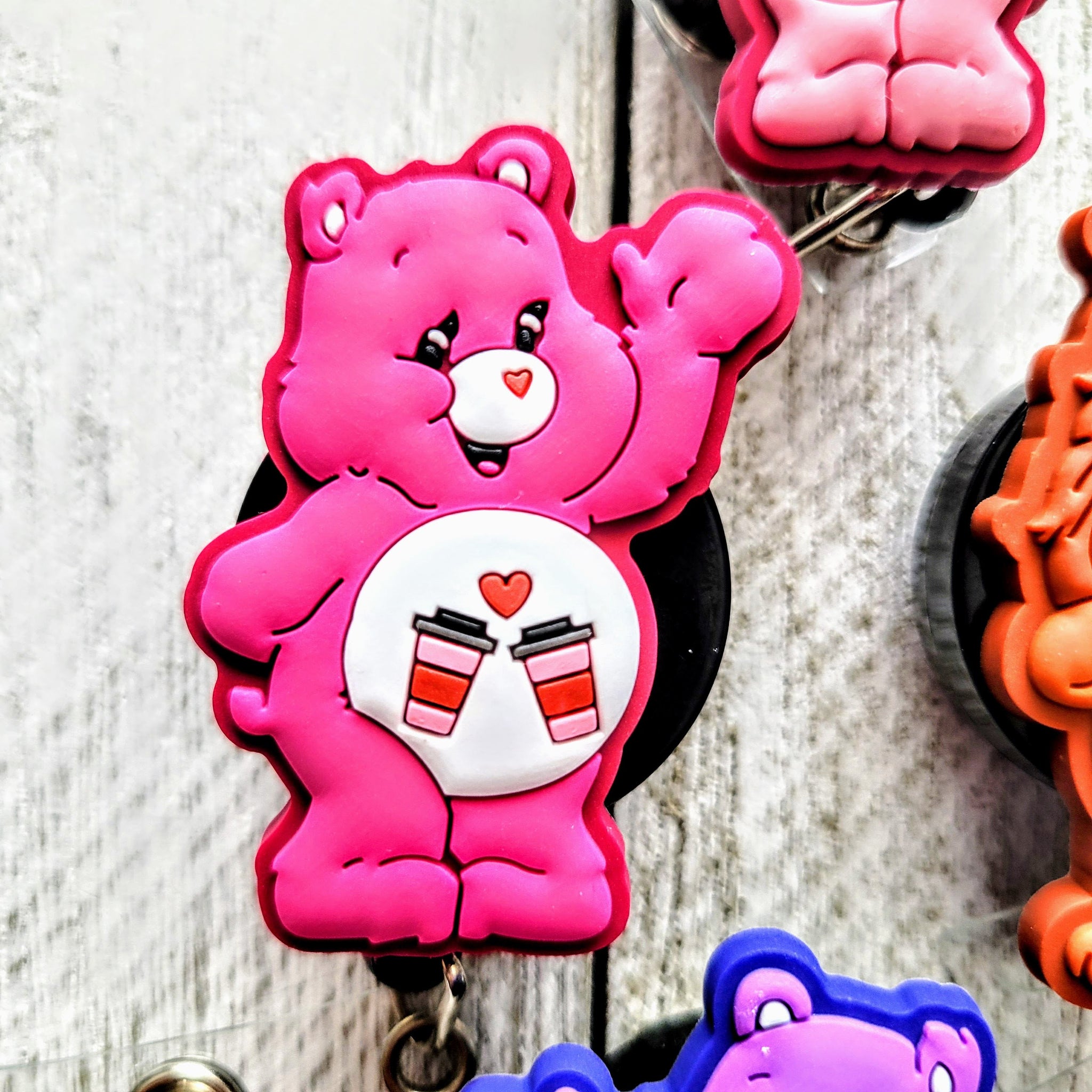 Pink Coffee Lovin' Healthcare Bear ID Badge Reel Unique Badge Design Swivel Clip