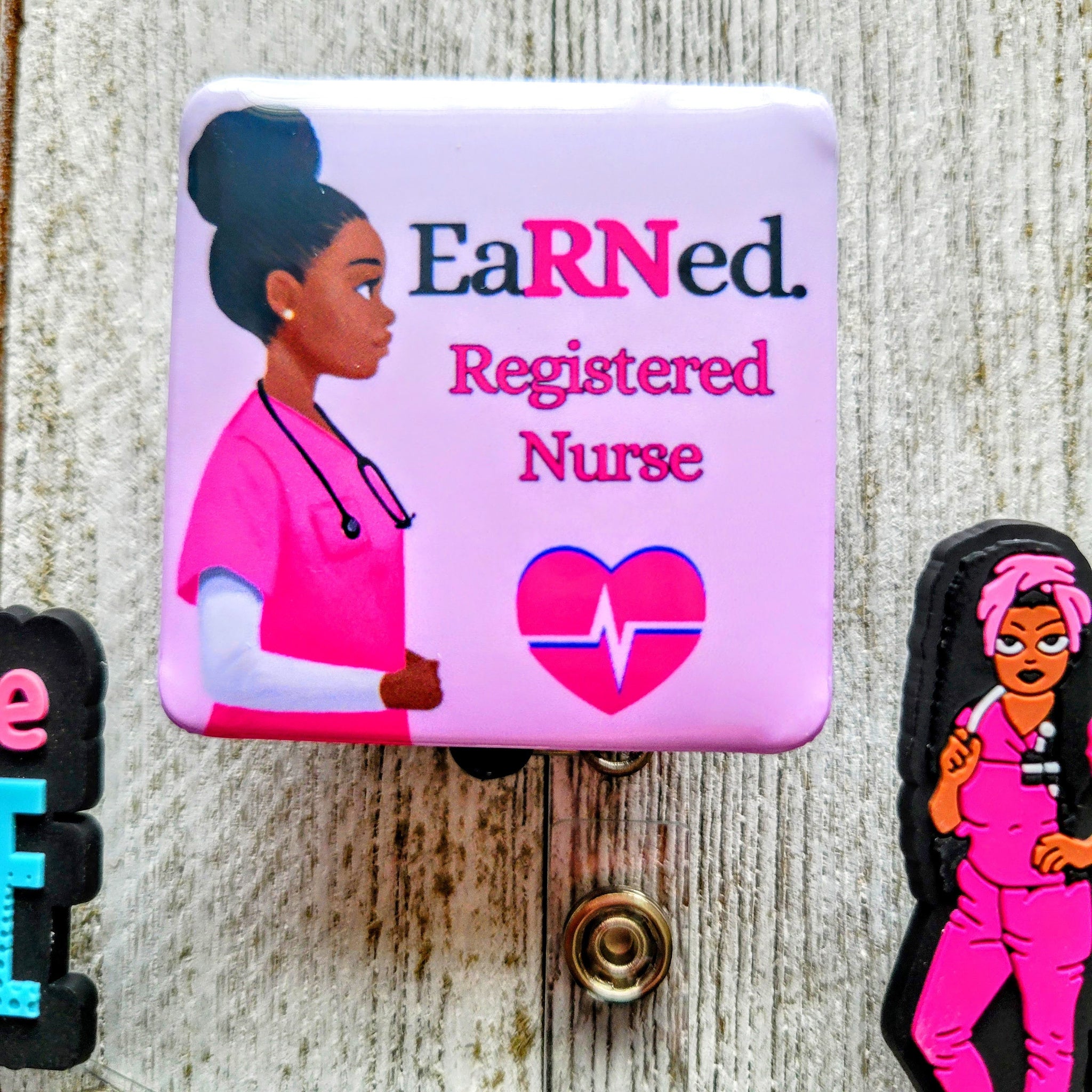 Pink nurse badge reel with natural hair – Petty Scrubs