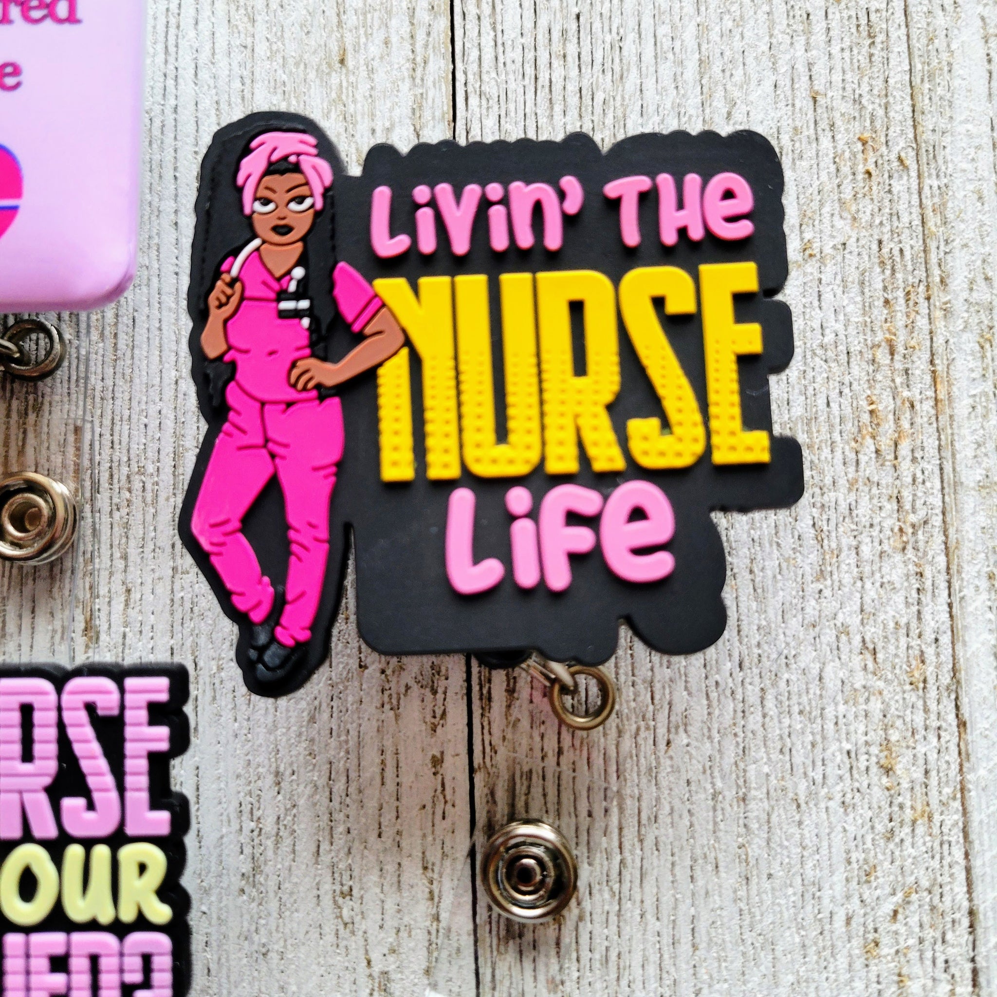 Pinks - HAIR UP ,SCRUBS ON Nurse Life - RN, LVP, LPN~ Retractable ID Badge  Reel