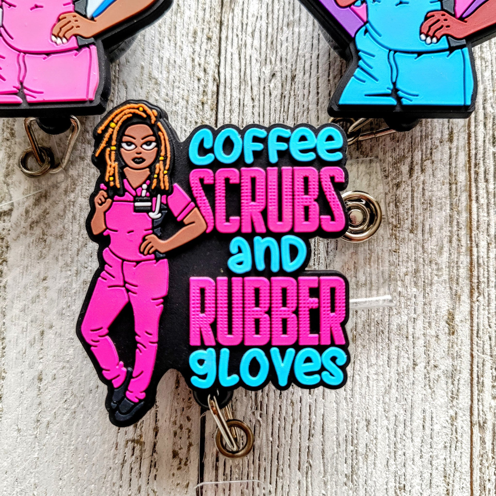 Coffee Scrubs & Rubber Gloves Pink/Teal Retractable ID Badge Reel Rotating Alligator