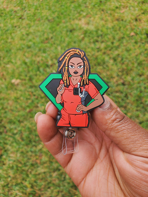 Red Scrubs With Locs Badge Reel