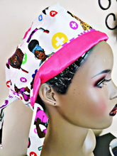 Load image into Gallery viewer, White w/ Pink Satin Lining Large Print Short Hair Scrub Cap

