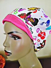 Load image into Gallery viewer, White w/ Pink Satin Lining Large Print Short Hair Scrub Cap
