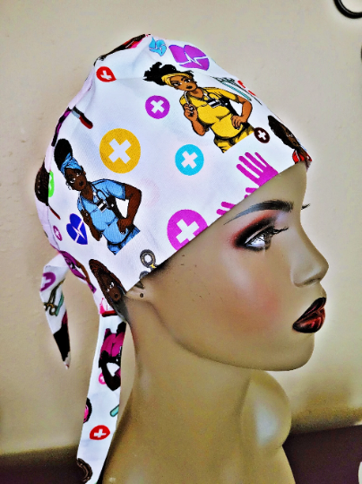 White Satin - Lined Large Print Surgical Scrub Cap