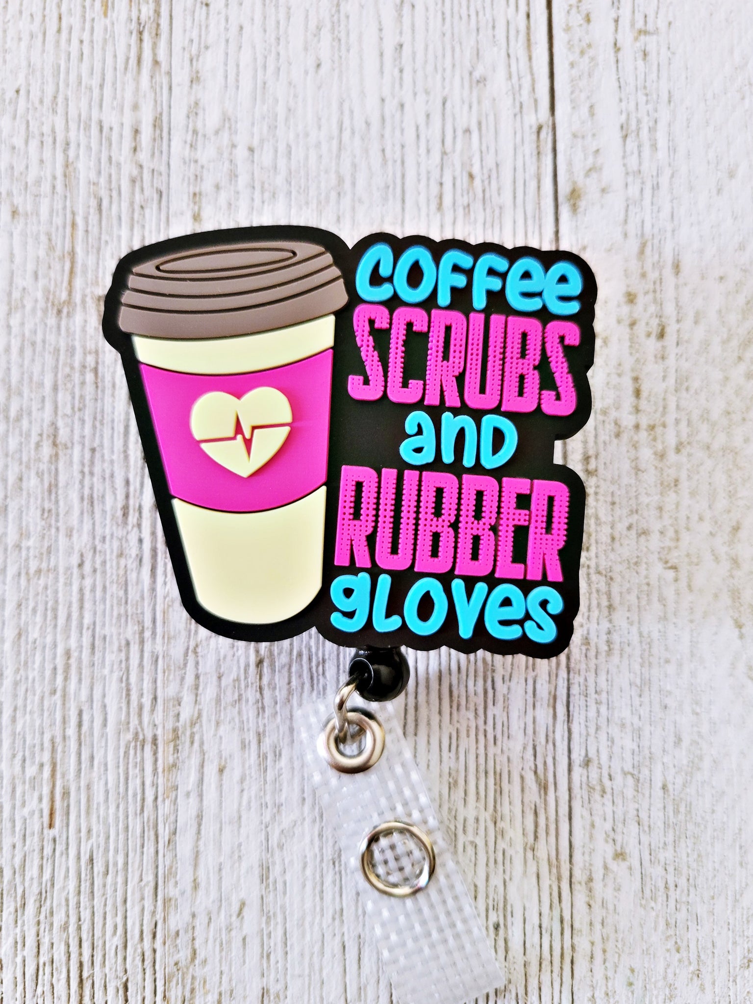 Coffee Scrubs and Rubber Gloves w/ Coffee Retractable Badge Reel –  Reflections By Zana